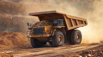A heavy-duty dump truck loaded with ore navigates a dusty mining road, showcasing motion blur and ultra-detailed features.