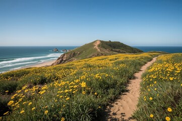 Vibrant yellow wildflowers flourishing along a hiking path amidst a scenic coastal area