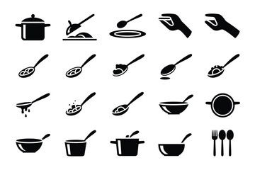 Collection of black and white vector icons representing various cooking utensils and food preparation tools