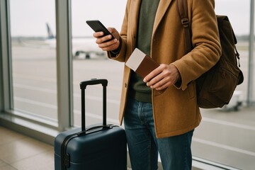 Traveler holding passport smartphone airport.