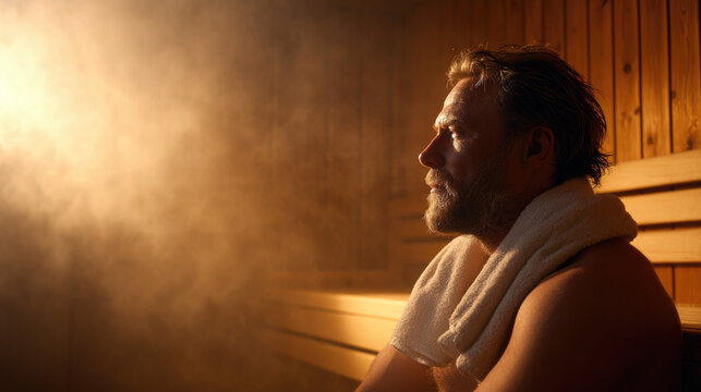 A warm wooden Finnish sauna interior where a local man sits half-body, relaxed as soft steam rises around him