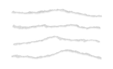 Fototapeta na wymiar White realistic torn or ripped paper strip. Vector collection of grunge edges, rip pieces, notebook or wallpaper scrapes, newspaper with damaged borders. Stroke texture, set of paint brush isolated