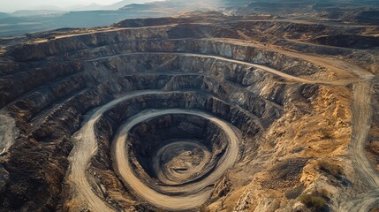 Stunning aerial view of a diamond mine crater with a winding road leading to the bottom, showcasing vast scale and ultra HD detail.