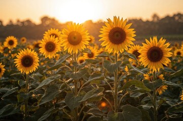 Fototapeta premium Vibrant sunflowers flourishing under a warm sunset glow with a natural backdrop and ten blossoms.