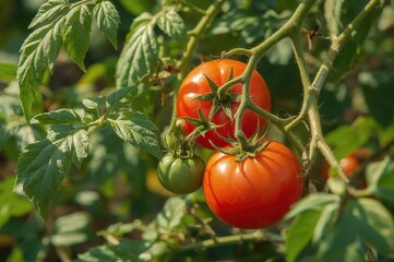 Vibrant red tomatoes hanging on the vines.