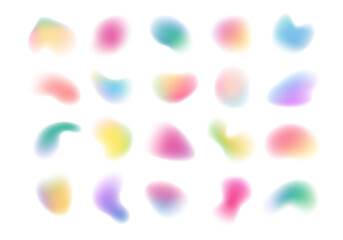 Blurry colorful gradient shapes design. Vector isolated set of trendy blots or abd blobs, soft vibrant shapes with blur. Decoration for typography and minimalist covers, watercolor paints