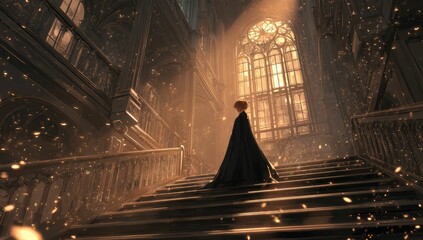 A figure ascends grand gothic stairs