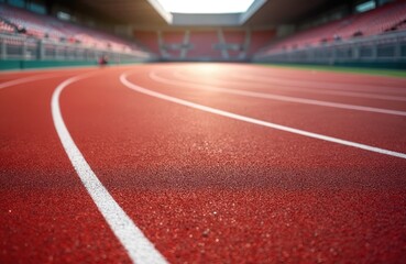Close-up of red running track lanes at stadium. White lines mark athletic track for races and sprints. Sunlit arena with empty seats suggests competition or training.