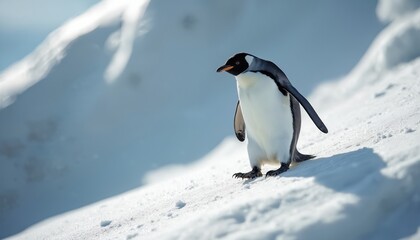 Fototapeta premium Gentoo penguin walking on a snowy slope, turning its head. This monochrome bird is isolated in its natural cold winter habitat. The image captures the creature movement across the icy terrain.