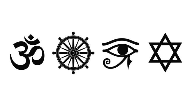 Diverse religious symbols om dharma chakra eye of horus star of david representing spirituality and faith vector
