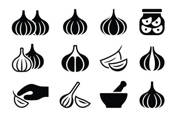 Collection of garlic icons, showcasing various forms and preparations of this flavorful and aromatic ingredient
