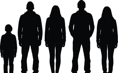 Silhouettes of a child, two men and two women standing facing forward on white background people family