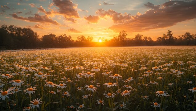 Sunset over a field of daisies., sunset clouds over Dutch fields, daisies in foreground, green, sky, Sunset over field of daisies with vibrant sky and clouds, creating peaceful and colorful natural