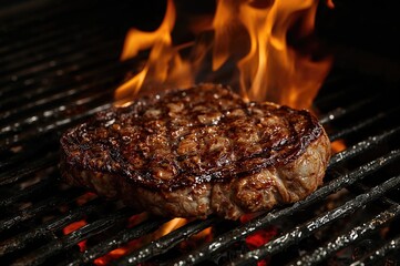 Grilled beef steak over open flames