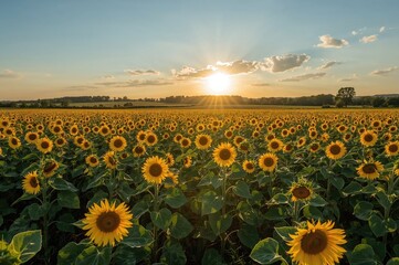 Obraz premium Stunning Field of Sunflowers Thriving in a Warm Summer Evening