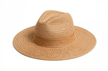Elegant wide-brimmed fedora made from woven straw, set against a plain white backdrop, viewed from below.