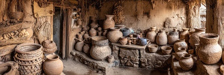 Ancient pottery collection in a rustic room