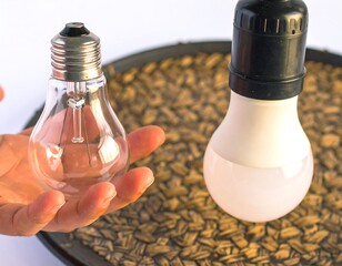Hand holding a light bulb, contrasting with a hanging light bulb