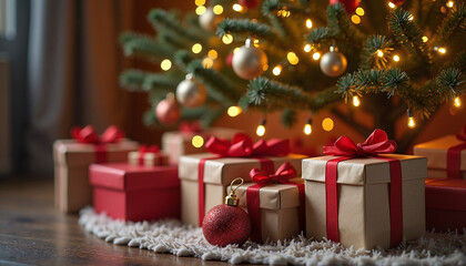 Christmas presents wrapped in red ribbons under decorated tree  