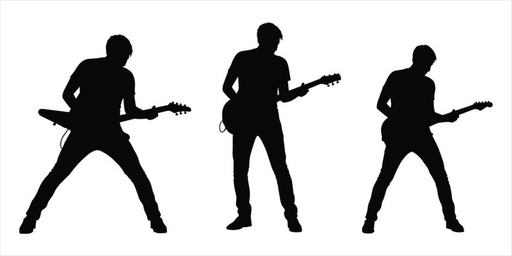 Three male guitarists playing electric guitars in silhouette on white background musicians music
