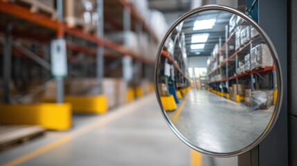 Convex safety mirror reflects warehouse aisle filled with shelves stacked with boxes and pallets, enhancing visibility and safety in storage area