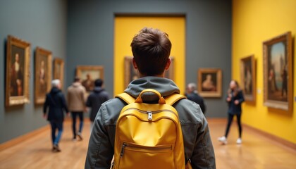 Young man with bright yellow backpack explores museum, admires art exhibits. Immerses in culture, history, learning and education. Contemplates artwork in gallery hall. Solo traveler enjoys holiday.