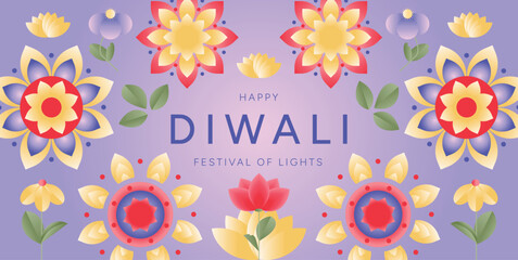 Happy Diwali Festival of Lights banner with floral mandala pattern, lotus flowers and leaves. Traditional Indian celebration background. Vector illustration for poster, greeting card, banner