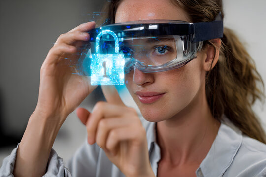 A Woman Engages With Augmented Reality Glasses, Visualizing a Holographic Padlock Representing Digital Security