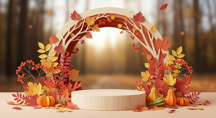 Autumn paper cut podium with pumpkin and leaves
