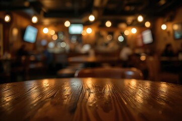 Fototapeta premium Blurred upper part of wooden table with bokeh lighting in the backdrop of a bar