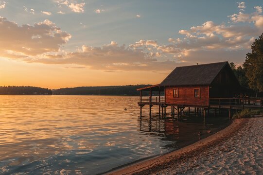 Sunset view of a lakeside boathouse on a serene lake