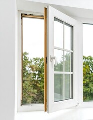 Fototapeta premium Open white window with view of trees
