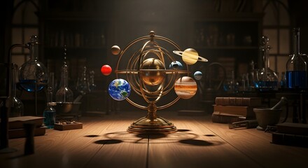 Vintage Orrery Model of Planets in Dark Science Laboratory