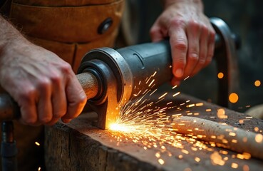 Men hands sharpen axe blade using electric grinder. Sparks fly during tool repair process. Focus on craftsmanship, steel work, and industrial machinery. Vintage tool maintenance highlights precision.
