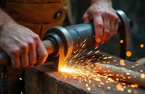 Men hands sharpen axe blade using electric grinder. Sparks fly during tool repair process. Focus on craftsmanship, steel work, and industrial machinery. Vintage tool maintenance highlights precision.
