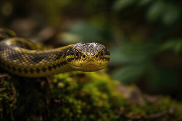 Obraz premium Close-up of a yellow-ringed snake's head from the Boiga genus