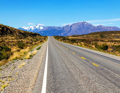 Open road stretching towards snow-capped mountains