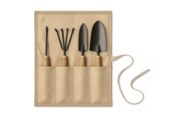 Gardening tools organized in canvas roll on transparent background