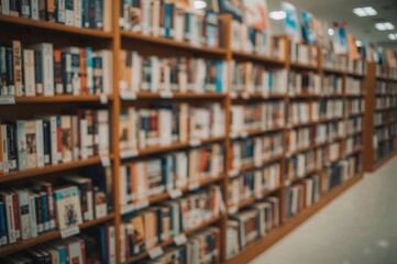 Books displayed on shelves in a softly focused bookstore setting