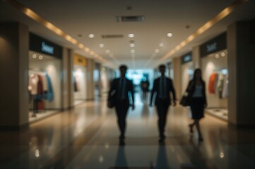 Storefront with bokeh lights in the background. Blurred silhouettes of professionals moving. Office hallway with walking business individuals.