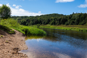 Scenic summer riverbank with clear water, green forest, and blue sky. Peaceful landscape view of nature with trees, grass, and reflections in water. Perfect for travel, tourism, and nature concepts.