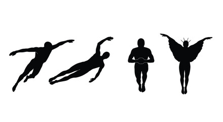 Fototapeta premium Dynamic silhouette collection of superhero figures in various action poses and poses of flight vector