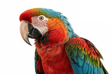 Obraz premium Scarlet and azure parrot perched against a plain backdrop