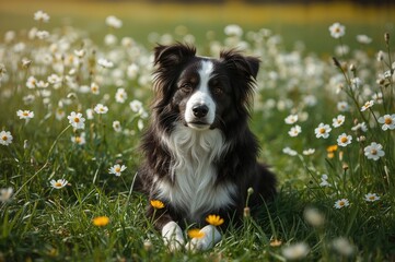Fototapeta premium Close-up of a border collie surrounded by blooming white flowers in springtime