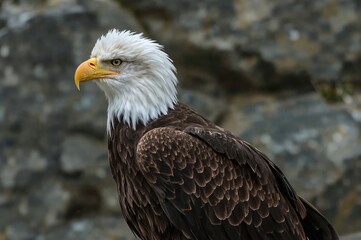 Obraz premium Side view of a majestic eagle against a blurred stone backdrop