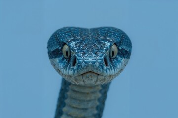 Fototapeta premium Close-up of a blue snake's face, detailed head shot of a viper species