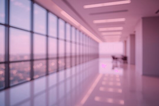 Out-of-Focus Corporate Space, Contemporary Workspace Corridor with Large Glass Panes and Sparkling Bokeh Effects