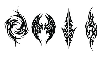 Fototapeta premium Tribal tattoo designs set of four abstract ornate black ink art elements for body art and graphic design vector