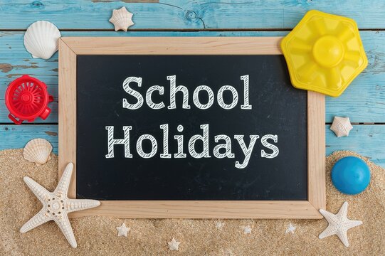 A rustic blue wooden backdrop with a chalkboard in a wooden frame displaying the phrase school holidays, encircled by various beach toys, seashells, and starfishes on sandy ground