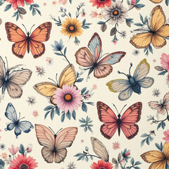 Background, fabric pattern, vector, butterfly, flower, hibiscus, hibiscus background, butterfly background Generative AI 